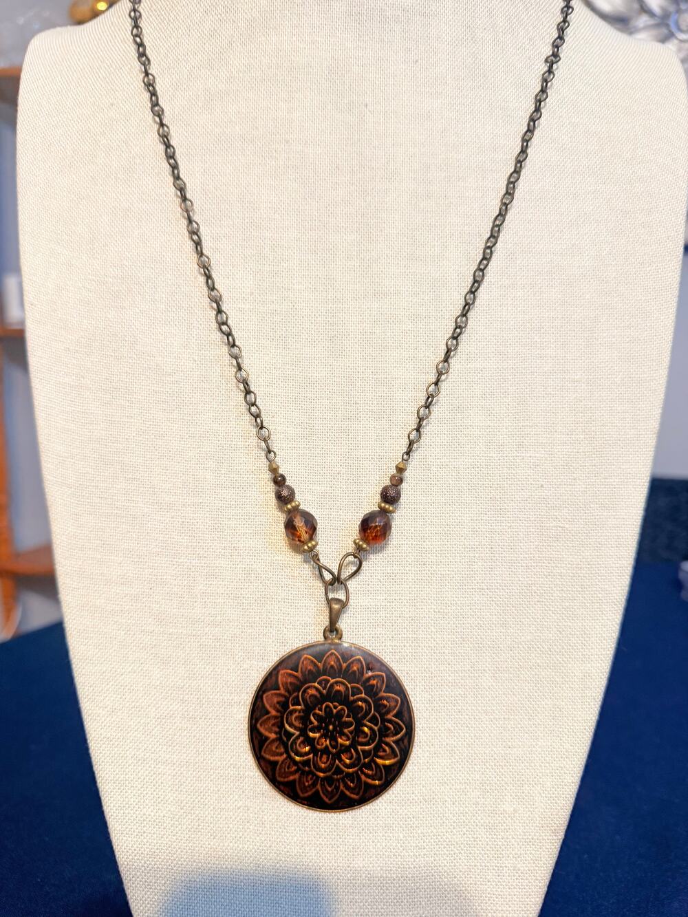 Vintage 26” Bronze Floral Medallion Pendant Necklace